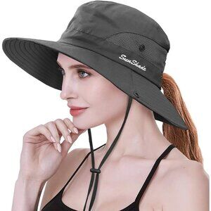 Women's Grey Polyester Wide Brim Mesh Boonie Uv Protection Chin Strap Cowboy Hat
